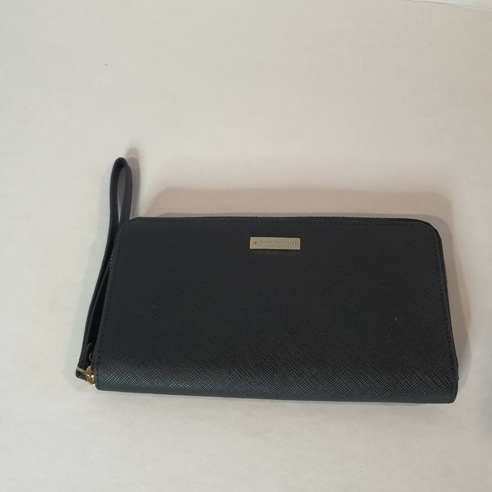 Kate Spade Zip Around Wallet Black Gold Logo Striped Interior 8" x 4"
